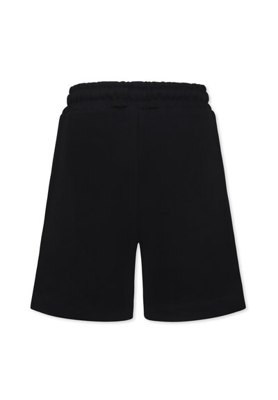 Pantaloni corti sportivi neri con una cintura elastica, caratterizzati da un design semplice e un tessuto morbido. Senza tasche laterali o dettagli di cucitura visibili.