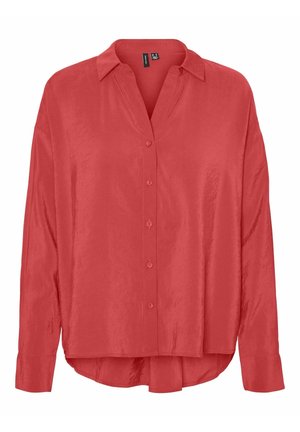 Camicia rossa a maniche lunghe con bottoni, dotata di colletto, tessuto leggermente strutturato e orlo curvo per un fit rilassato.