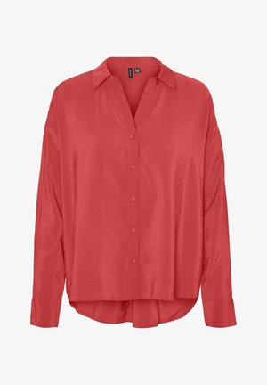 Punane, pika varrukaga nööbiga särk, millel on krae, kergelt tekstureeritud kangas ja kumer hem, mis tagab lõdva sobivuse.