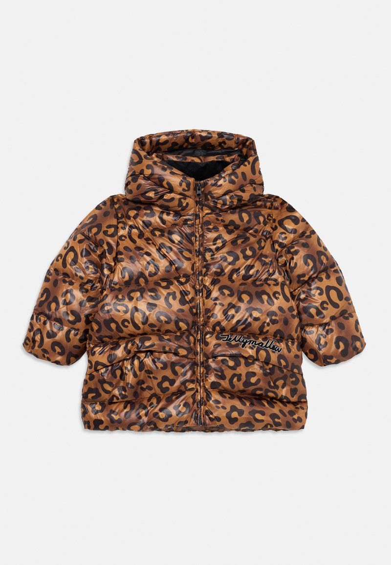 Braune Pufferjacke mit Leopardenmuster, glänzender Textur, kurzen Ärmeln, Reißverschluss und Kapuze. Mit Markenlogo auf der Vorderseite.