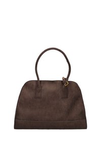 Bruine suède handtas met twee handvatten en een gouden gesp. Heeft een gestructureerde, ronde vorm en een contrasterende gegalvaniseerde bies langs de onderkant.