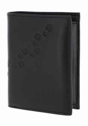 Black leather bifold wallet with embossed boot print pattern on front cover, slightly open showing interior edge.