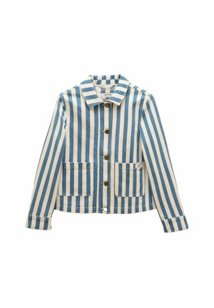 Gestreifte Jacke mit blauen und weißen vertikalen Streifen, aus einem Stoff mit Kragen, Frontknöpfen und zwei Fronttaschen.