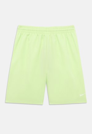 Light green athletic shorts with elastic waistband and small white Nike swoosh on the lower left leg against a white background.