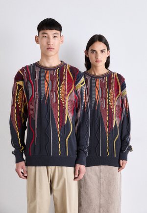 Dunkelblauer Strickpullover mit komplizierten mehrfarbigen Mustern in Rot, Gelb und Grau. Rundhalsausschnitt und gerippte Bündchen.