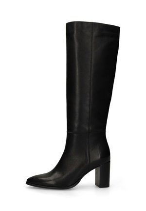 Zwarte leren laarzen tot aan de knie met een spitse neus en een blokhak, met een gladde textuur en een minimalistisch ontwerp. Geen zichtbare hardware of patronen.