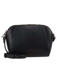 Svart faux läder crossbody-väska med rundad topp, strukturerad yta, guldfärgad dragkedja och avtagbar handledsrem.