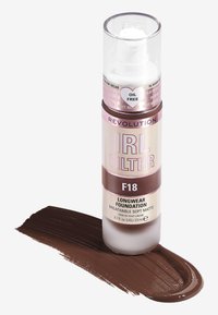 Foundation-flaske i klart plast med pumpe, med en brun bunn og rosa aksenter. Prøve av dyp brun foundation på en hvit bakgrunn.