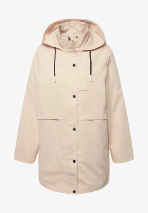 Beige wasserdichter Parka mit geräumiger Kapuze, schwarzen Zugbändern, Druckknopfverschluss vorne und zwei großen Vordertaschen.