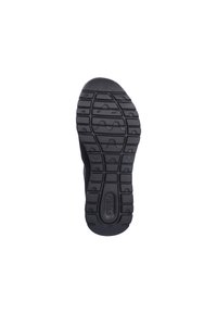 Semelle de chaussure en caoutchouc noire avec un motif de semelle, présentant des rainures profondes et des éléments de traction pour une adhérence et une durabilité accrues. Design global à profil bas.