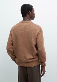 Brauner gestrickter Pullover mit geripptem Saum und Bündchen, ausgestattet mit Rundhalsausschnitt und weicher Textur. Die Rückseite ist schlicht und schmucklos.