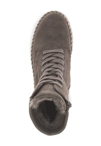 Graue Wildleder-Winterstiefel mit Fellfutter, Schnürsenkeln und seitlichem Reißverschluss, von oben auf einem weißen Hintergrund gezeigt.