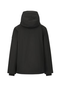 Schwarze wasserdichte Jacke mit Kapuze, ausgestattet mit einem glatten, matten Finish und elastischen Bündchen. Einfaches Design ohne sichtbare Logos oder Verzierungen.