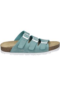 Turkusowe zamszowe sandały z trzema regulowanymi paskami, białymi klamrami oraz naturalną korkową wkładką, posiadające teksturowaną białą podeszwę dla lepszej przyczepności.