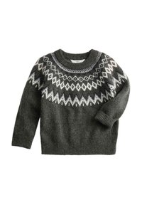 Suéter de punto verde oscuro con cuello redondo, que presenta un patrón geométrico blanco en el canesú. Mangas largas con puños acanalados. Textura suave.