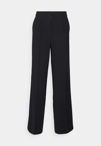 Czarne, wysokie spodnie o szerokich nogawkach z fałdami z przodu i ukrytym zapięciem z przodu na białym tle.