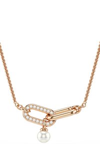 Rose gold halskæde med kædedesign, prydet med glitrende sten og en enkelt perleaccent.