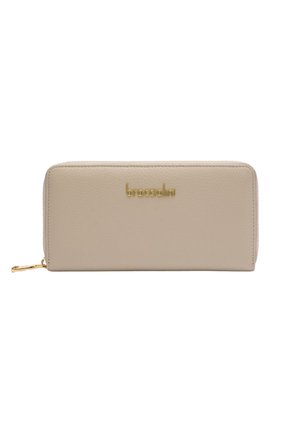 Portafoglio beige in pelle con zip intorno, logo Braccialini dorato e tiralampo dorato, rettangolare con angoli arrotondati.