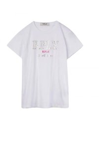 T-shirt bianca a maniche corte con la stampa "RPLY" e "REPLAY" in argento metallico e rosa. Collo tondo semplice e vestibilità rilassata.