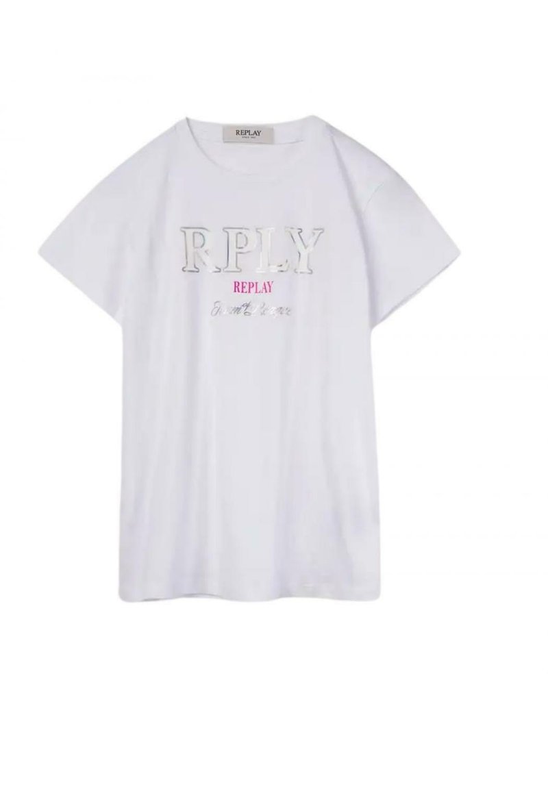 T-shirt bianca a maniche corte con la stampa "RPLY" e "REPLAY" in argento metallico e rosa. Collo tondo semplice e vestibilità rilassata.