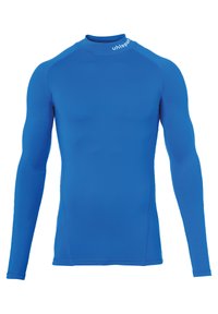 T-shirt de sport bleu à manches longues avec un col montant, fabriqué en matériau extensible. Présente un logo sur le col et des coutures renforcées.