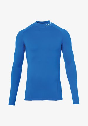 Blauwe sportshirt met lange mouwen en hoge hals, gemaakt van rekbaar materiaal. Voorzien van een logo op de kraag en verstevigde naden.