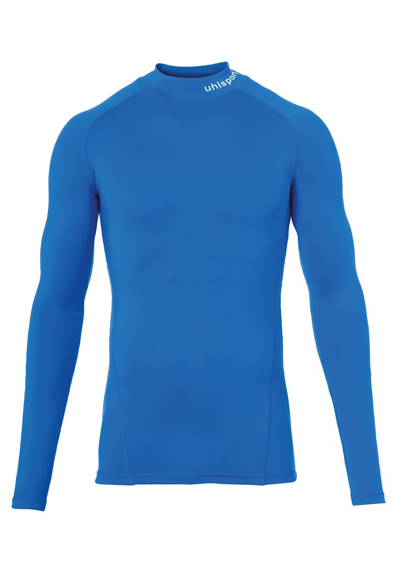 Blue long-sleeve athletic shirt with a high neckline, made of stretchy material. Features a logo on the collar and reinforced seams.