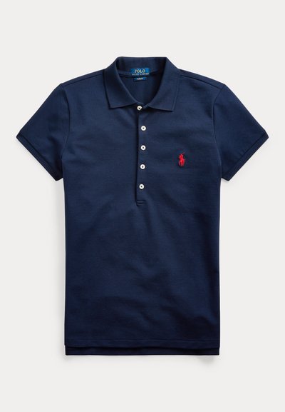 Navy blue short-sleeve polo shirt with four white buttons and red embroidered logo on left chest, laid flat on white background.