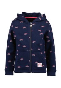Navy zip-up hoodie made of soft fabric, featuring a pattern of small multicolor rainbows. Includes front pockets and a heart-shaped logo patch.