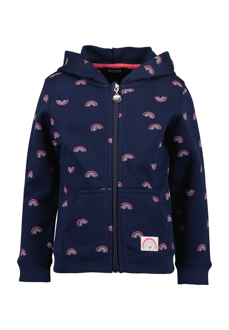 Navy zip-up hoodie made of soft fabric, featuring a pattern of small multicolor rainbows. Includes front pockets and a heart-shaped logo patch.