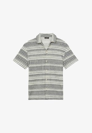 Kurzärmliges Hemd in Creme mit schwarzen gewellten Streifen. Verfügt über eine Knopfleiste und einen Kragen. Strukturierter Stoff mit ausgeprägten Mustern.