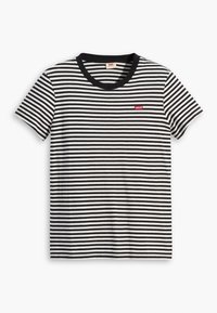 T-shirt à manches courtes rayé horizontalement noir et blanc avec col noir et petit logo rouge Levi's sur la poitrine gauche.