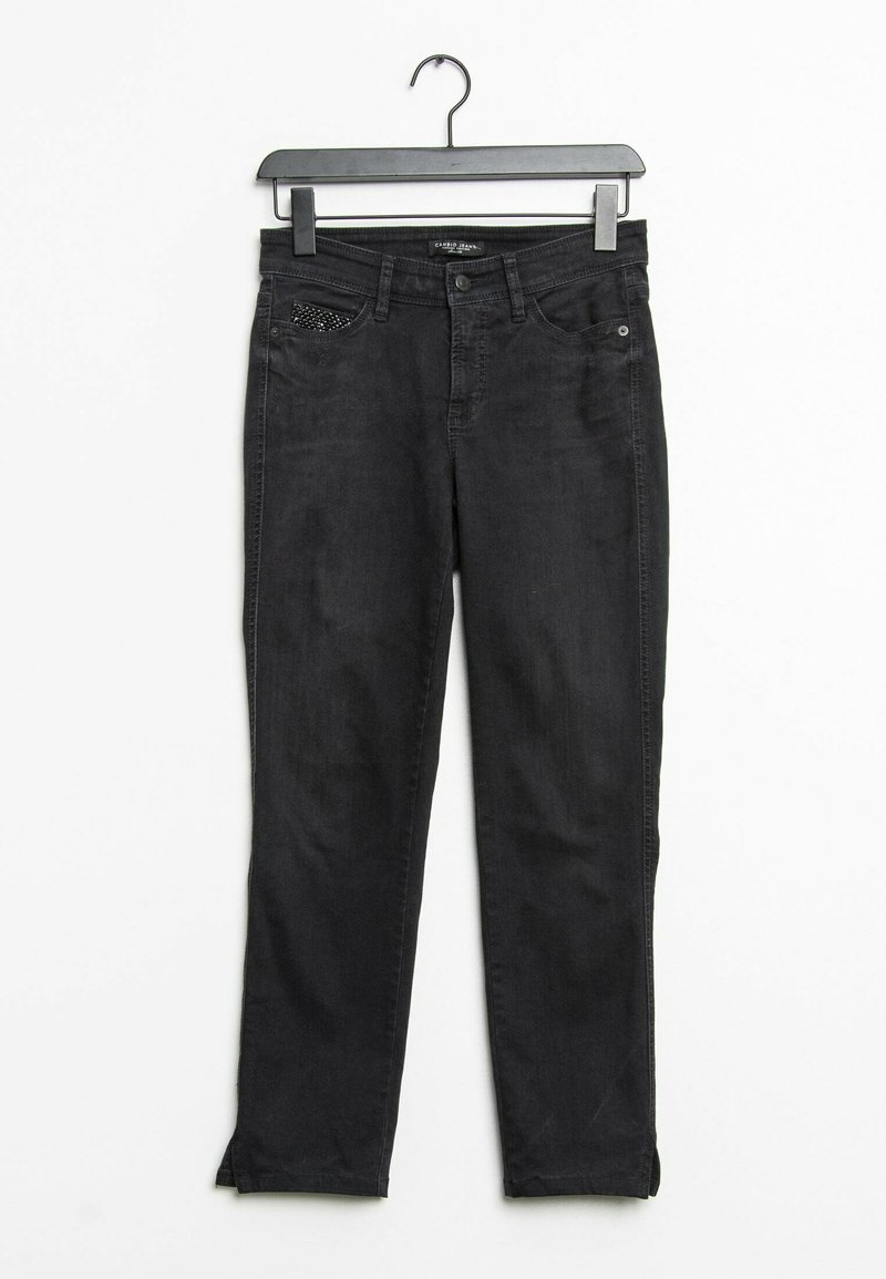 Černé džíny z denimu se slim fit střihem, mají přední kapsu s dekorativními detaily a rovný střih nohavic. Visí na černém ramínku.