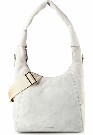 Hellgraue Veloursleder-Schultertasche mit breitem, verstellbarem cremefarbenem Riemen und rundem Griff, weiche Textur, minimalistisches Design.