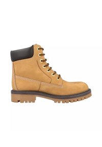 Stivale da trekking in pelle marrone con un collarino imbottito nero, occhielli metallici e suola robusta. Presenta dettagli cuciti e punta rinforzata.