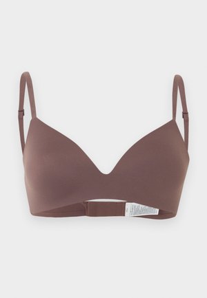 Καφέ σουτιέν από λείο ύφασμα με λεπτές ρυθμιζόμενες τιράντες και κλείσιμο πίσω με αγκράφα και ετικέτα φροντίδας ραμμένη.