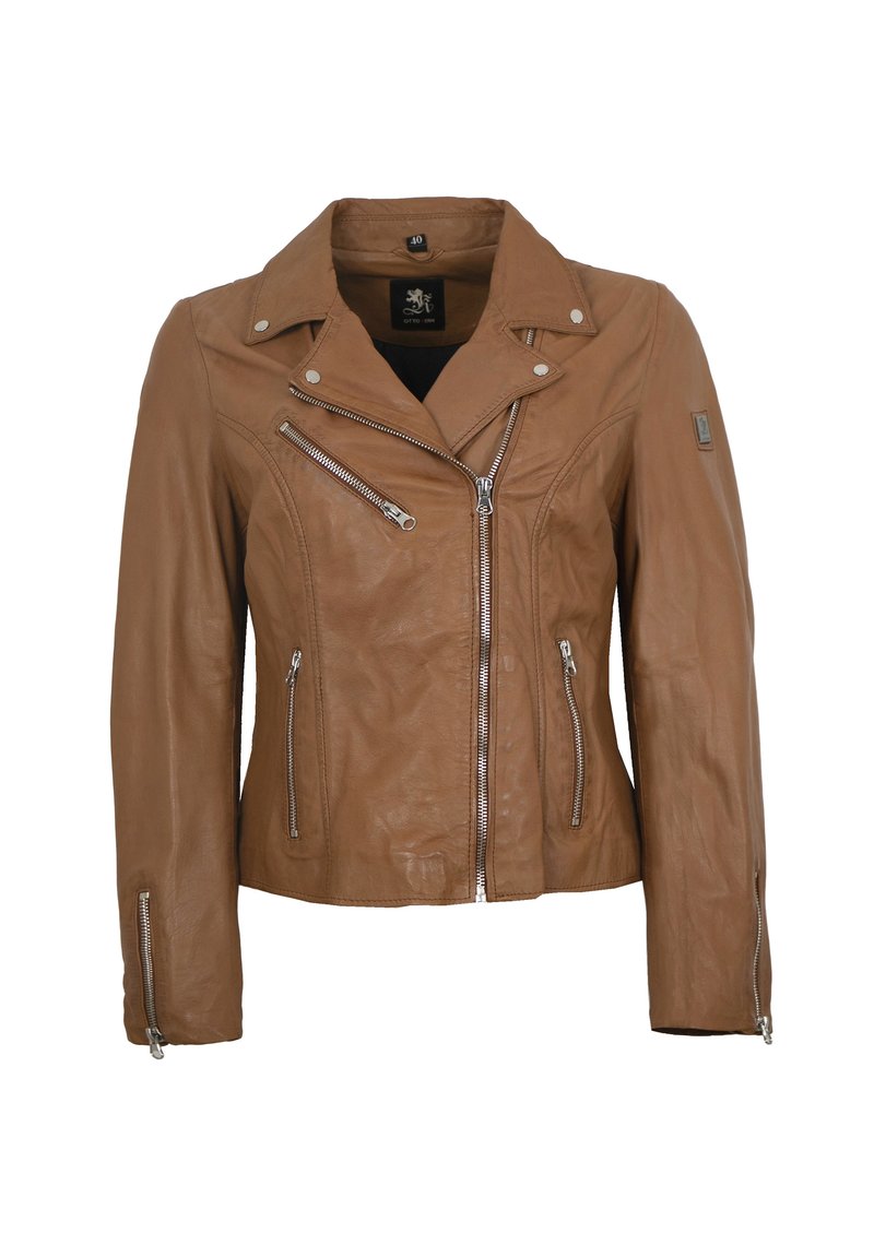 Braune Lederjacke mit anliegendem Design, asymmetrischem Front-Reißverschluss und drei Reißverschlusstaschen. Verfügt über einen geknöpften Kragen und eine glatte Textur.