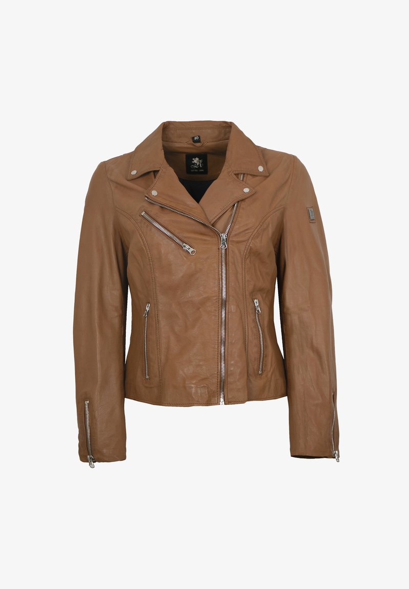 Braune Lederjacke mit anliegendem Design, asymmetrischem Front-Reißverschluss und drei Reißverschlusstaschen. Verfügt über einen geknöpften Kragen und eine glatte Textur.