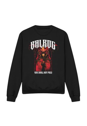 Schwarzer Sweatshirt mit markantem "BALROG" Schriftzug, feurigem Balrog-Dämon-Grafik und dem Spruch "YOU SHALL NOT PASS" darunter in weißer gotischer Schrift.