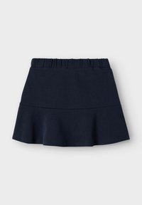 Gonna svasata blu navy con vita elasticizzata, realizzata in tessuto morbido. Caratterizzata da un design a strati, texture liscia e orlo arricciato.