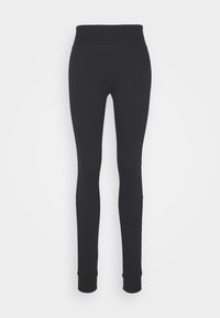 Černé legíny s vysokým pasem, pevně padnoucím střihem a detaily na kolenou. Vyrobeny z hladkého, elastického materiálu s matným povrchem.