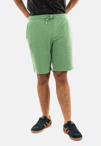 Pantalones cortos de mezcla de algodón verdes con cinturilla elástica y cordón, que cuentan con bolsillos laterales y un corte clásico. Combinados con zapatillas negras.