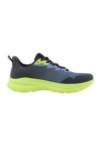 Baskets sportives avec un dessus noir, des panneaux en maille bleue et une semelle verte. Les caractéristiques incluent une finition texturée et des accents contrastants.