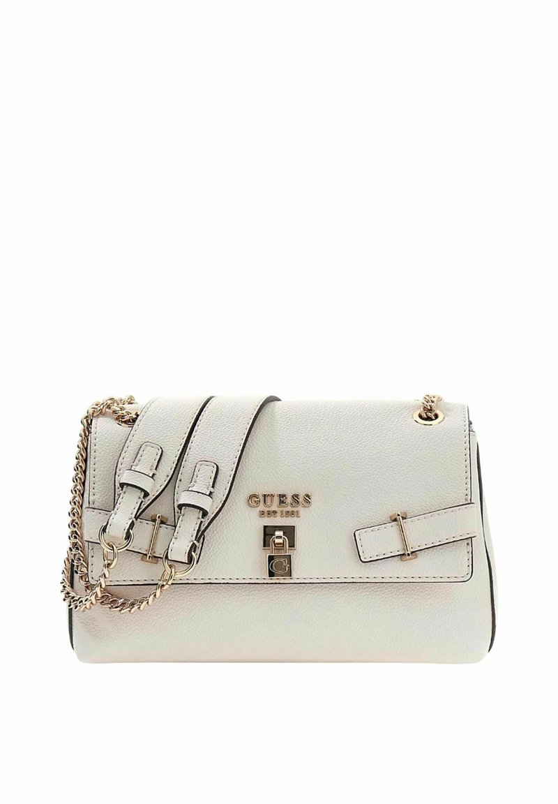 White textured leather handbag with gold hardware. Features a chain strap, buckle accents, and embossed brand logo on the front.