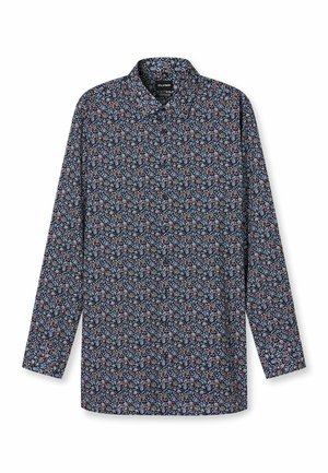 Langärmliges Hemd aus dunkelblauem Stoff mit floralen Mustern in Hellblau und Rot. Hat einen klassischen Kragen und eine Knopfleiste.