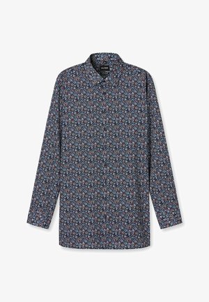 Langärmliges Hemd aus dunkelblauem Stoff mit floralen Mustern in Hellblau und Rot. Hat einen klassischen Kragen und eine Knopfleiste.