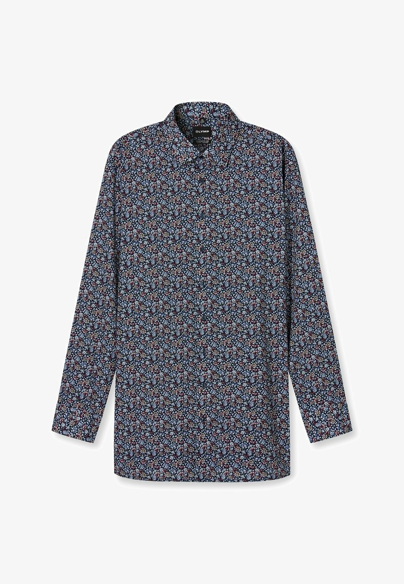 Long-sleeved shirt in dark blue fabric with a floral pattern in light blue and red. Features a classic collar and button-down front.