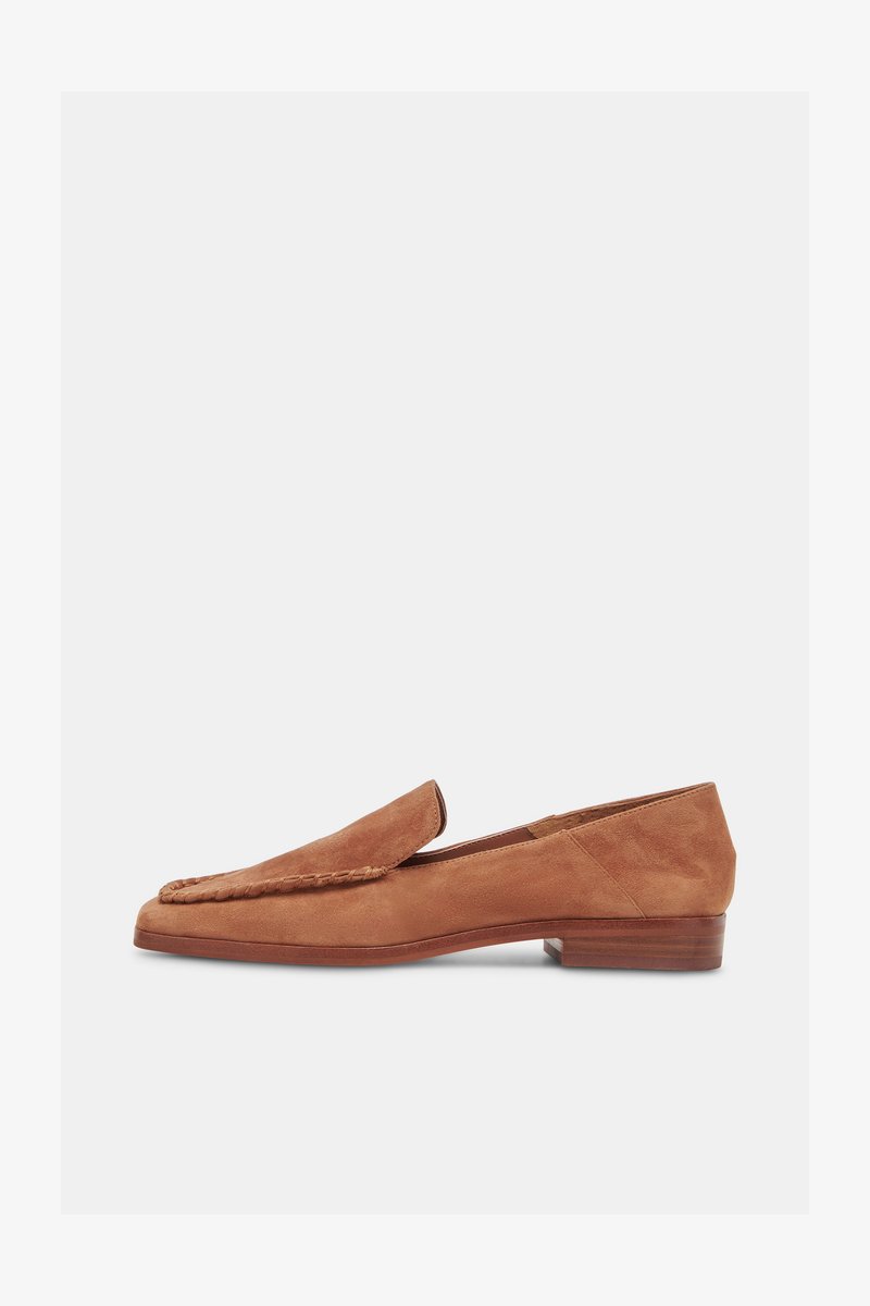 Brown suede loafer with braided trim, flat wooden heel, and slip-on design shown in side profile against white background.