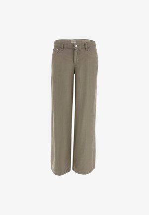 Pantalons à jambes larges en olive clair, fabriqués à partir d'un tissu doux. Présentent une fermeture par bouton et zip, des poches avant et des passants de ceinture.
