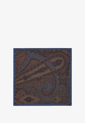 Sciarpa con motivo paisley caratterizzata da una combinazione di colori marrone, blu e beige. Bordi rifiniti con un bordo blu solido. Realizzata in un tessuto morbido.